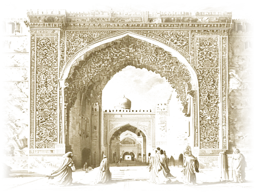 Porte monumentale à arc outrepassé, gravure orientaliste